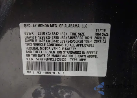 2020 Honda Pilot Awd Touring 8 Passenger z USA, uszkodzony, nr VIN 5FNYF6H9XLB033035